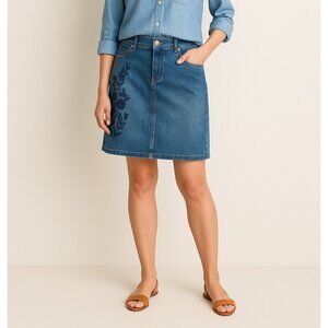 Talbots Petite 6P Embroidered Denim Skirt Blue Floral Detail Med Wash Jean